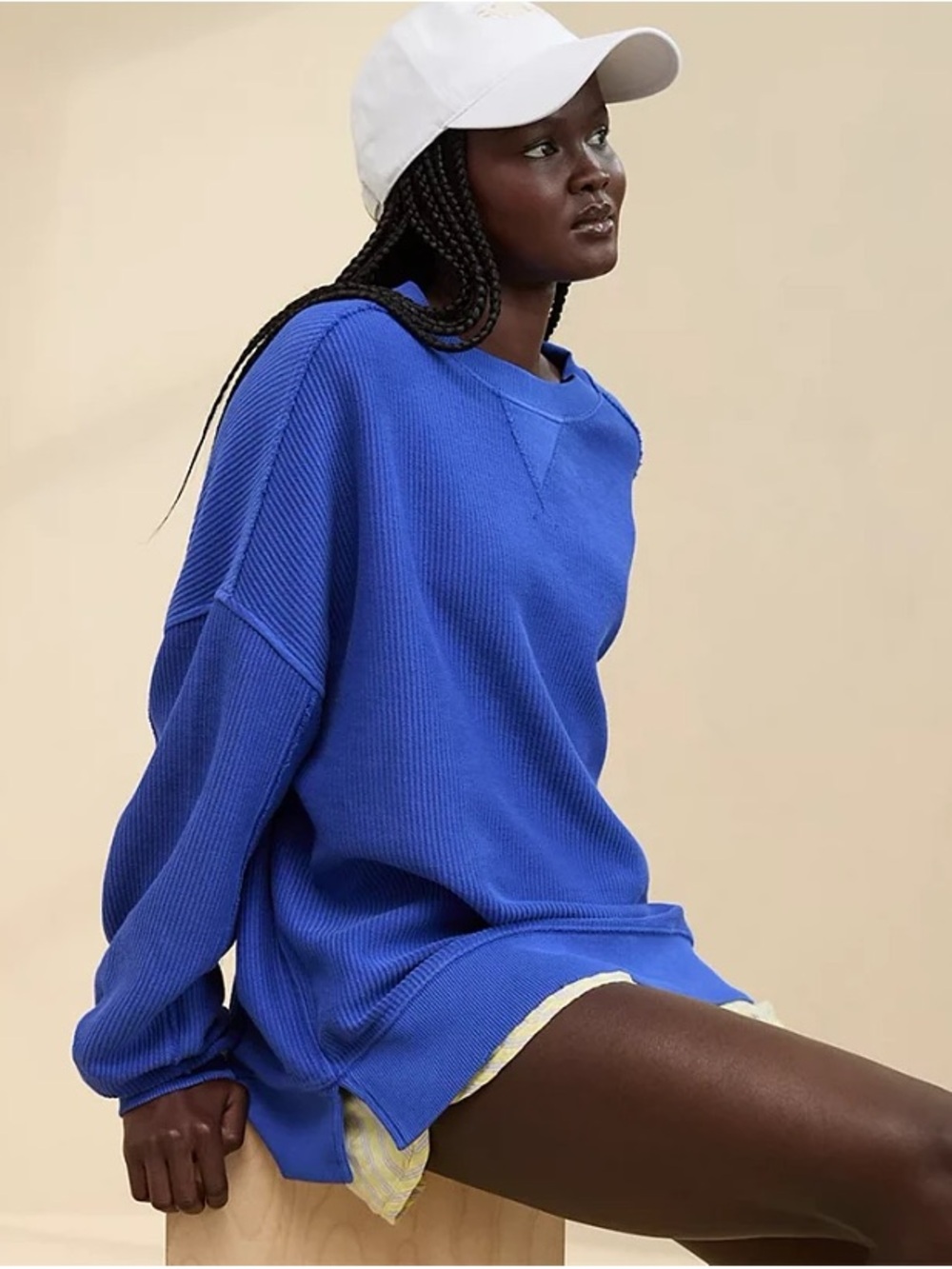 aerie Men's Royal Blue Ribbed Crewneck Sweatshirt